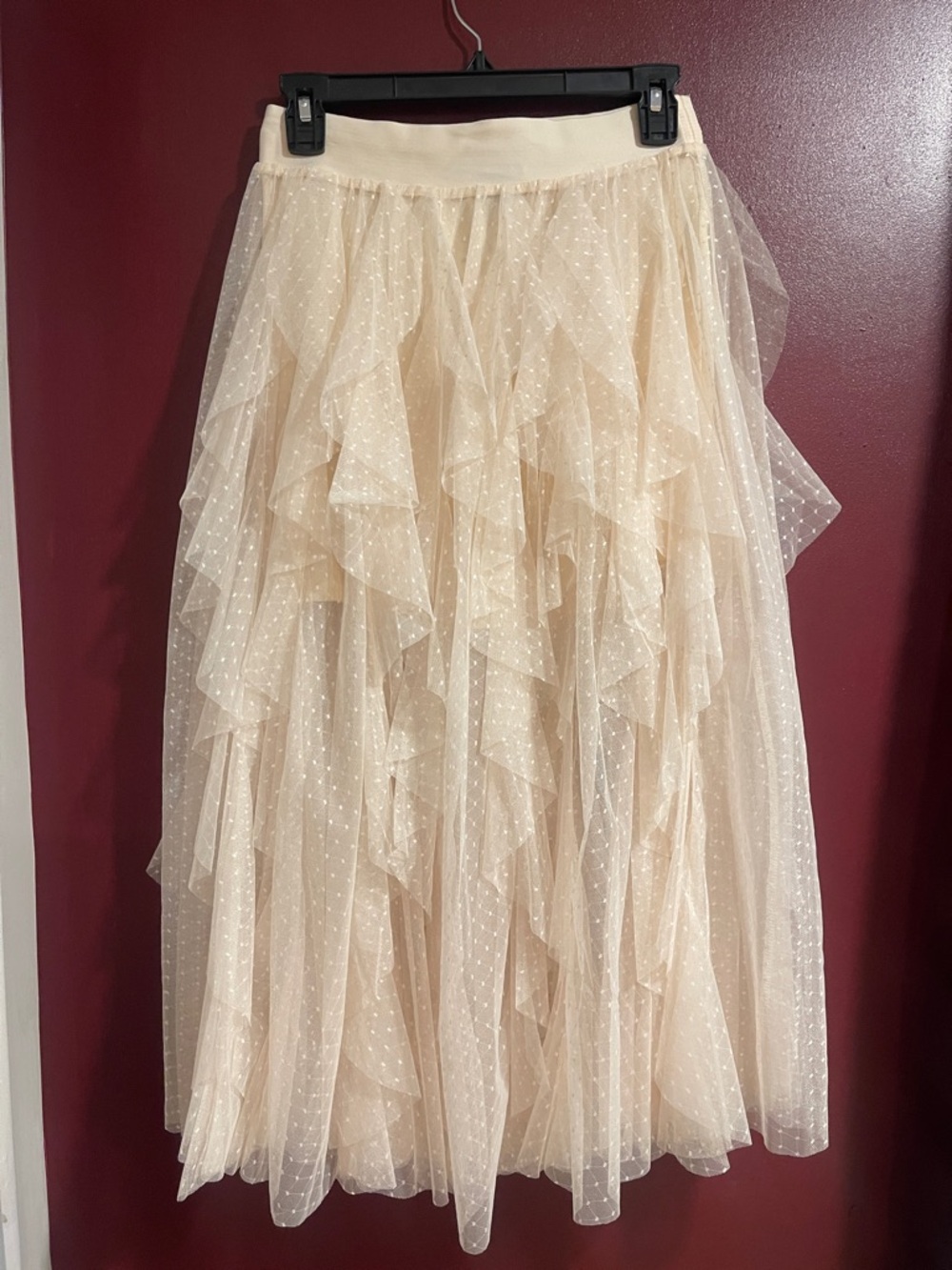 Sincerely Jules Beige Layered Polka-Dot Tulle Midi Skirt